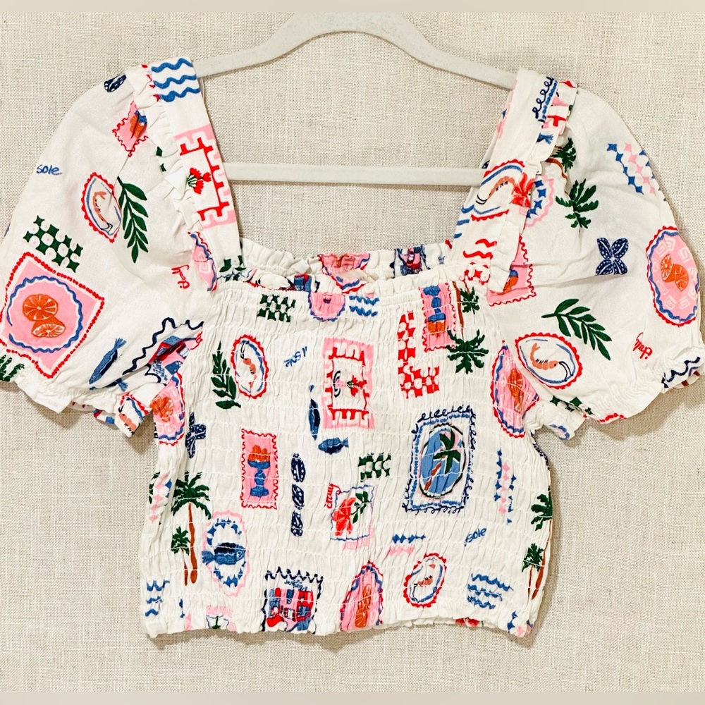 Monteau Los Angeles Smocked Puff Sleeve Crop Top Patchwork Print Boho Coastal